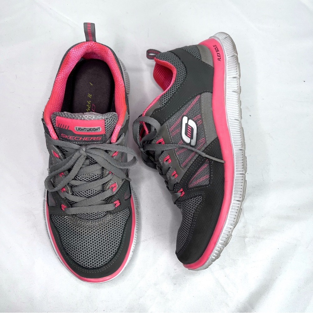 Skechers lightweight flex sole grey and neon pink athletic shoes - Picture 9 of 9